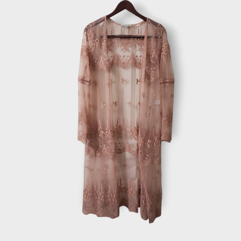 Haute Monde Womens Medium Sheer Lace Cutout Long Duster Kimono Rose Pink